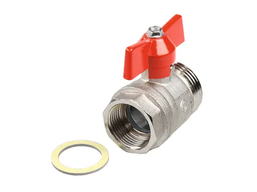 TECE Kugelhahn mit rotem Griff und Anschlussgewinde, zusätzlich eine flache Dichtung. Verwendung in Rohrleitungs- oder Sanitärinstallationen möglich.